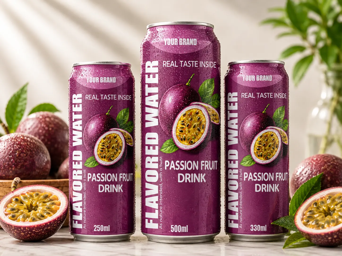 FLAVORED WATER passion fruit drink cans in 250ml, 330ml and 500ml sizes.